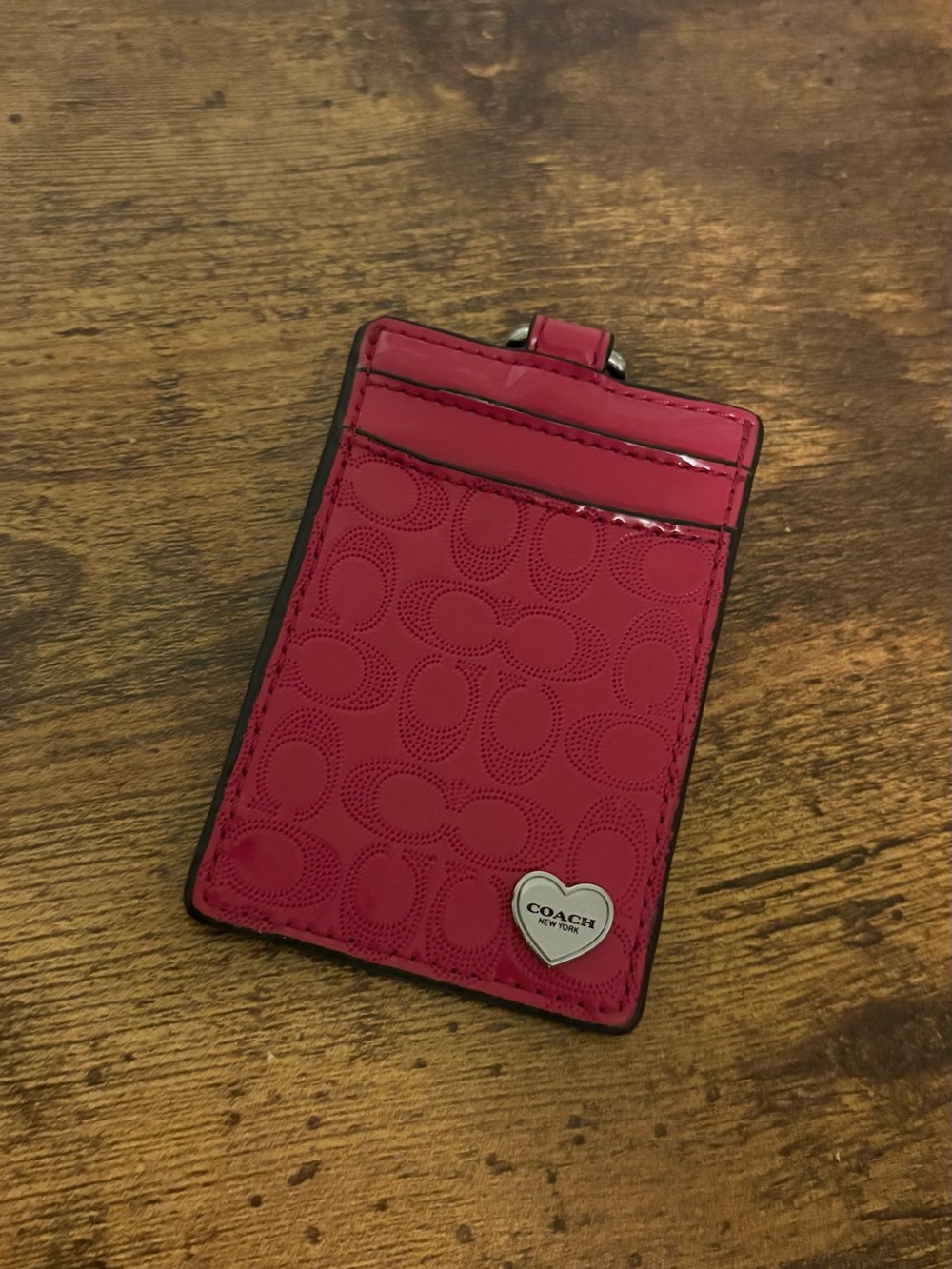 COACH Pink Patent Signature Card Case with Heart Charm